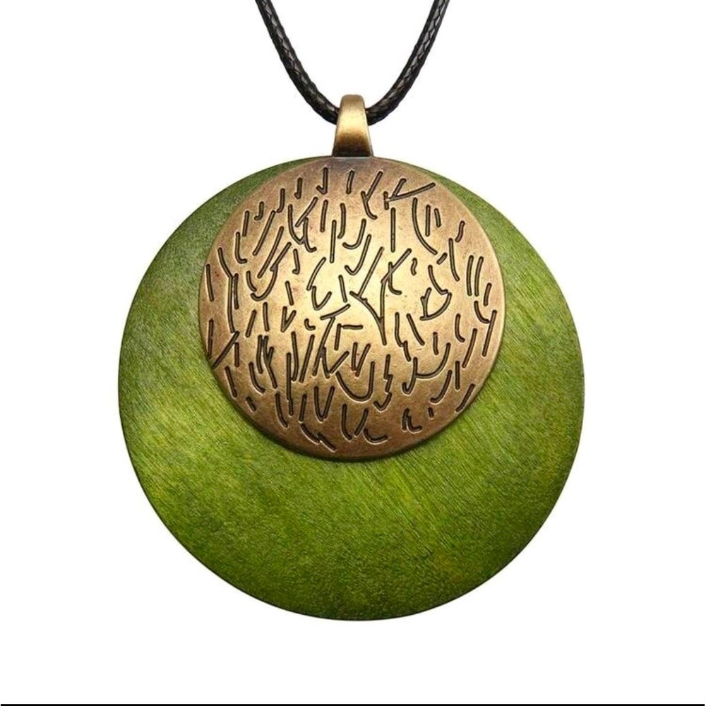 Green Wood Pendant Necklace Tribal Bronze Tone Chain‎ Women Boho Jewelry 88cm